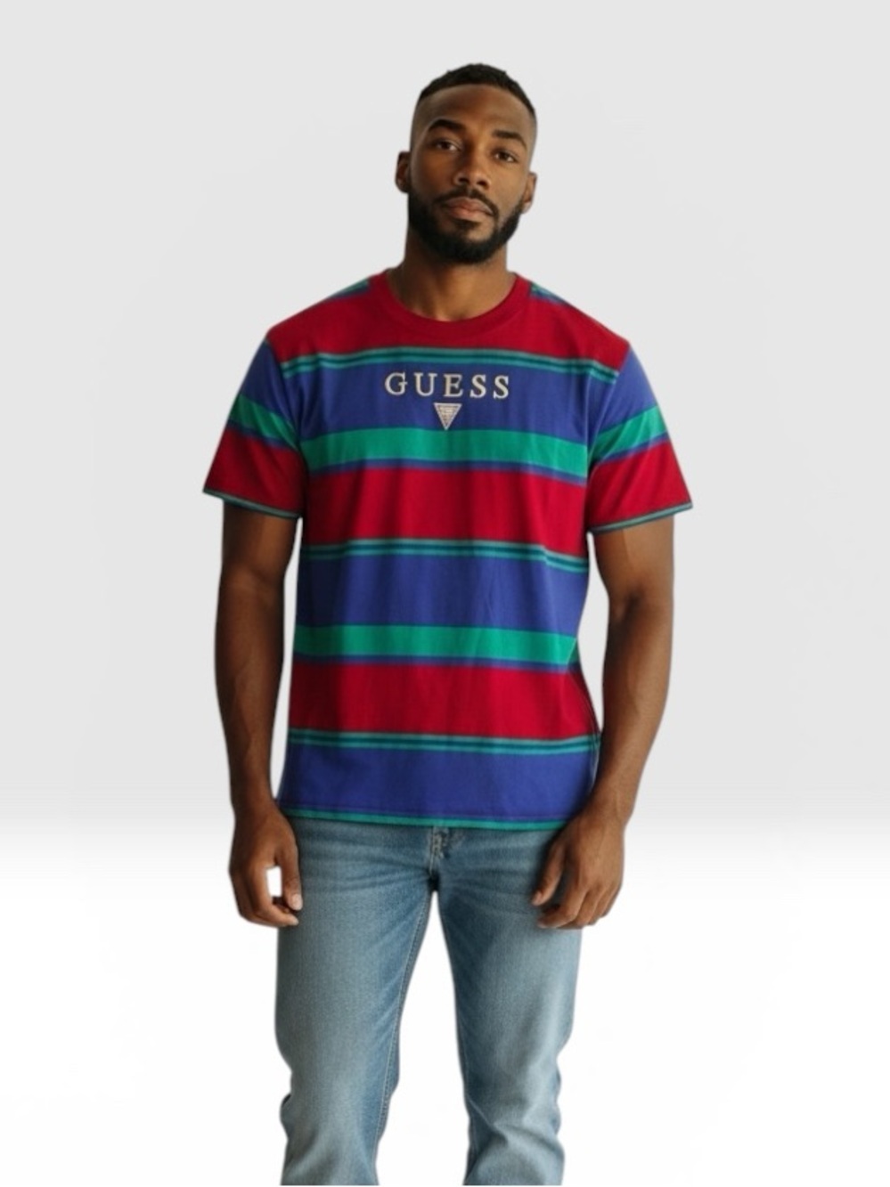 Guess Originals Camden Striped Short Sleeve T-Shirt Red Blue Green Men’s Medium